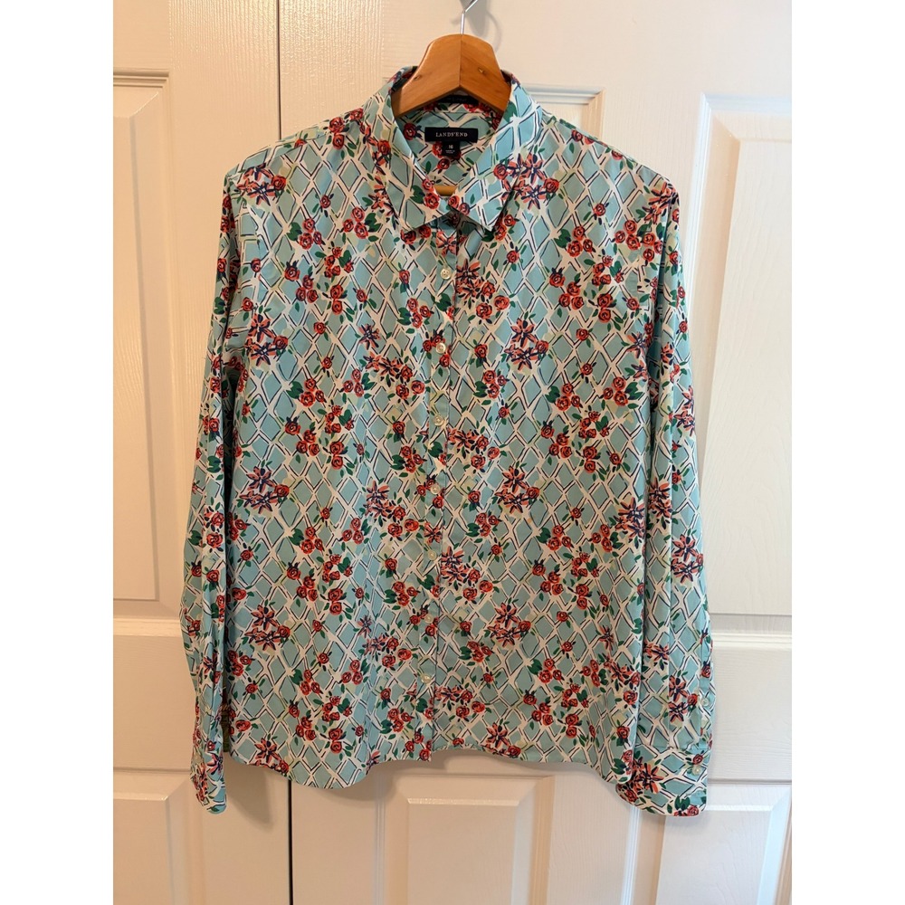 Lands End No Iron Supima Cotton Floral Lattice Button Down Shirt Blue Red 16